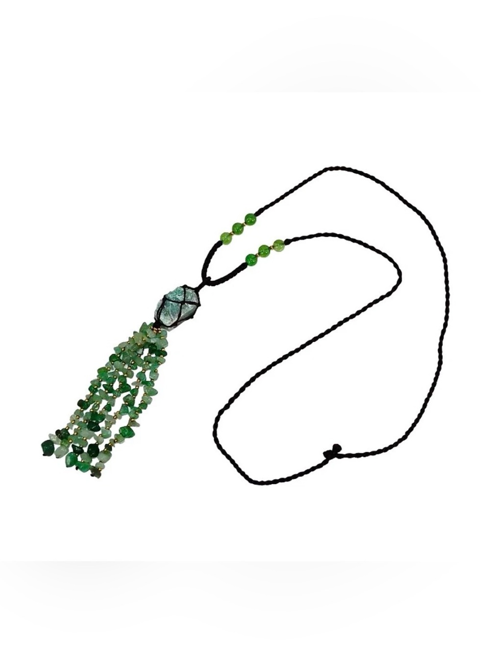 Green Aventurine Gemstone Tassel Necklace Handmade Boho Green 30" Long New